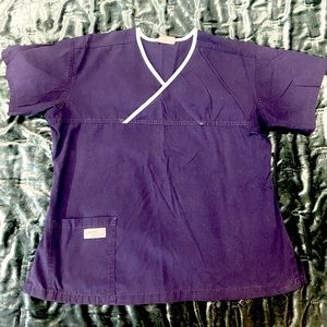 Urbane Scrubs Top, size large, navy blue with turquoise trim. One pocket.
